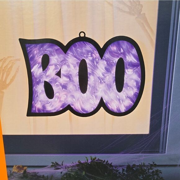 New, 10" LED Hanging "BOO" with Flame Effect Purple Halloween Silhouette Light - Picture 5 of 7